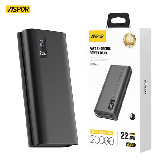 ASPOR A336 POWER BANK 20000MAH 22.5W HIGH CAPACITY WITH LED DISPLAY FAST CHARGING.