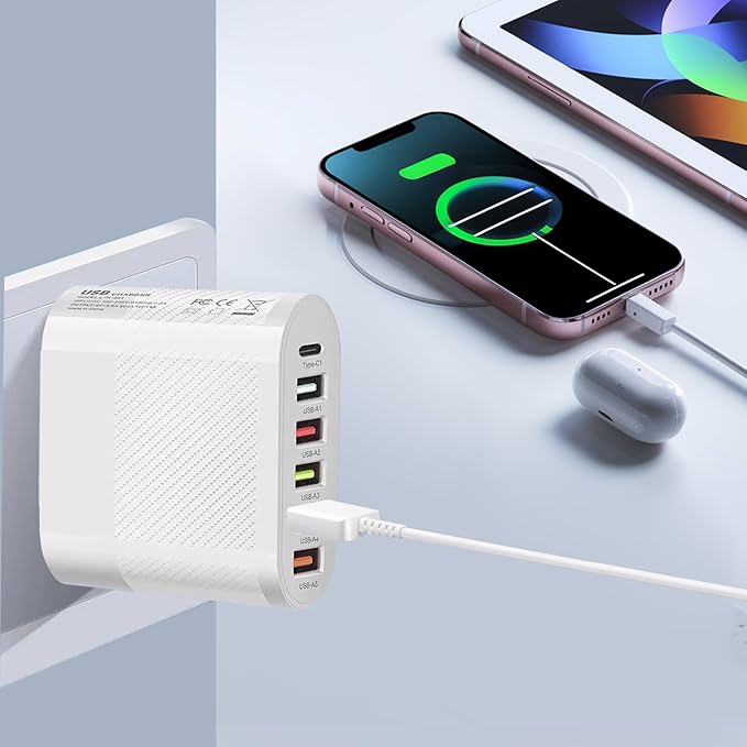 65W USB C USB A 6-in-1 Charger, 6-Port Power Supply, Adapter for All Mobile Phone Models and Tablets, iPhone iPad Samsung Galaxy, Xiaomi, Huawei, Steam Deck, Charging Plug.