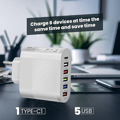 65W USB C USB A 6-in-1 Charger, 6-Port Power Supply, Adapter for All Mobile Phone Models and Tablets, iPhone iPad Samsung Galaxy, Xiaomi, Huawei, Steam Deck, Charging Plug.