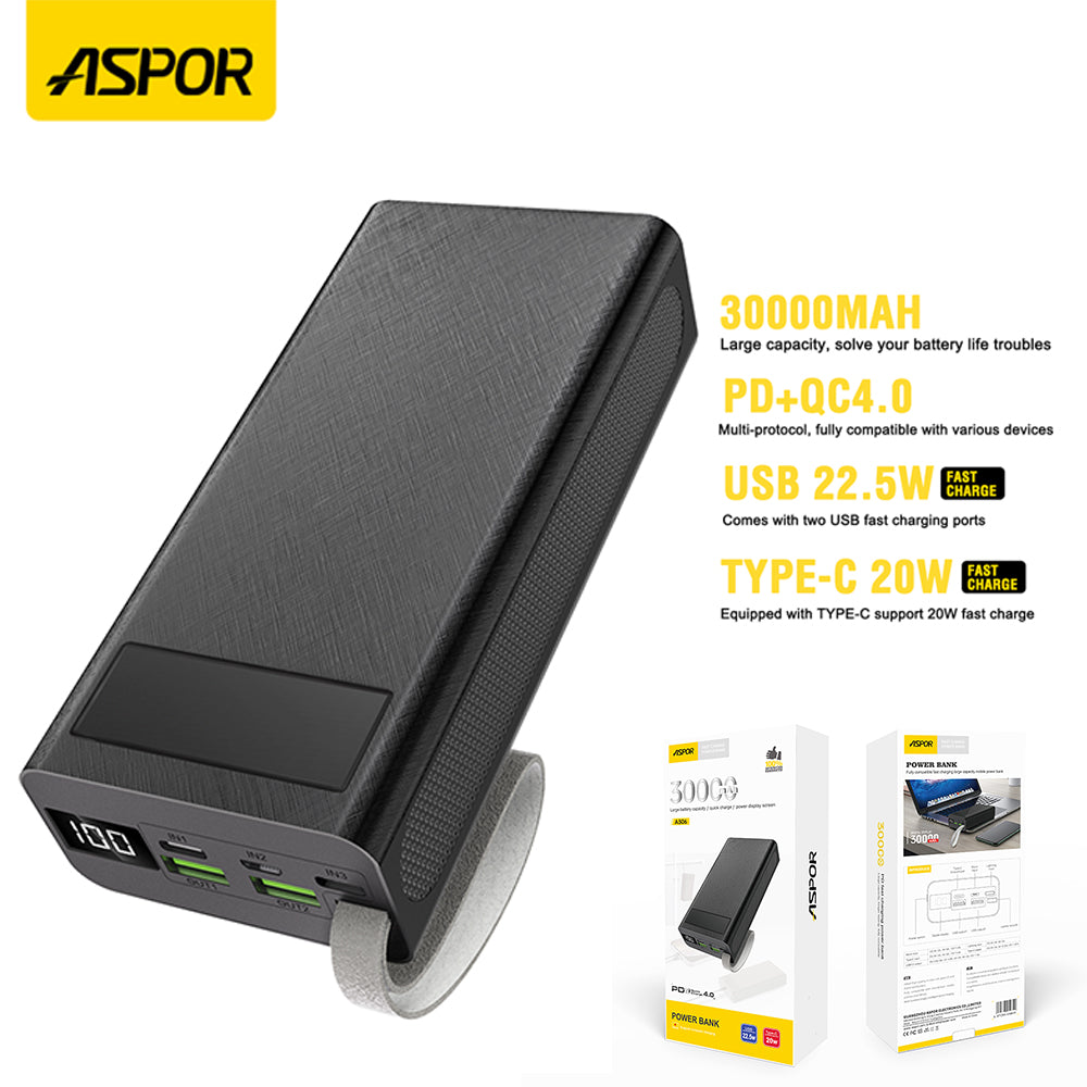 ASPOR A306 Big Capacity Of 30000mAh Power Bank LCD Display 22.5W And 20W PD.