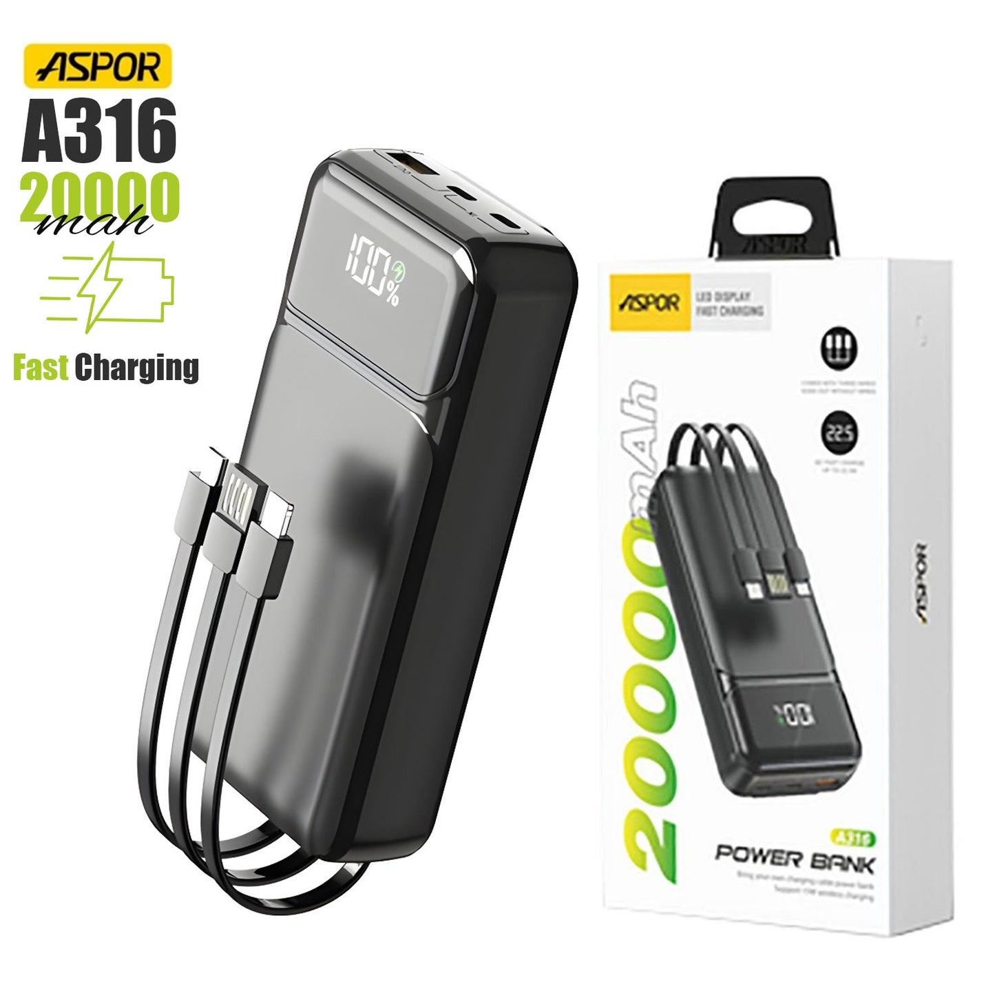 ASPOR A316 20000MAH 22.5W HIGH SPEED BUILT IN CABLE FAST CHARGING POWER BANK BLACK.