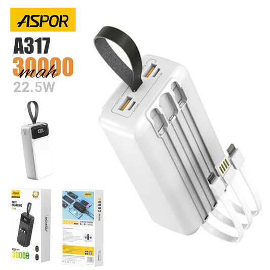 ASPOR A317 22.5W 30000MAH FAST CHARGING POWER BANK WITH 3 CABLES WHITE.