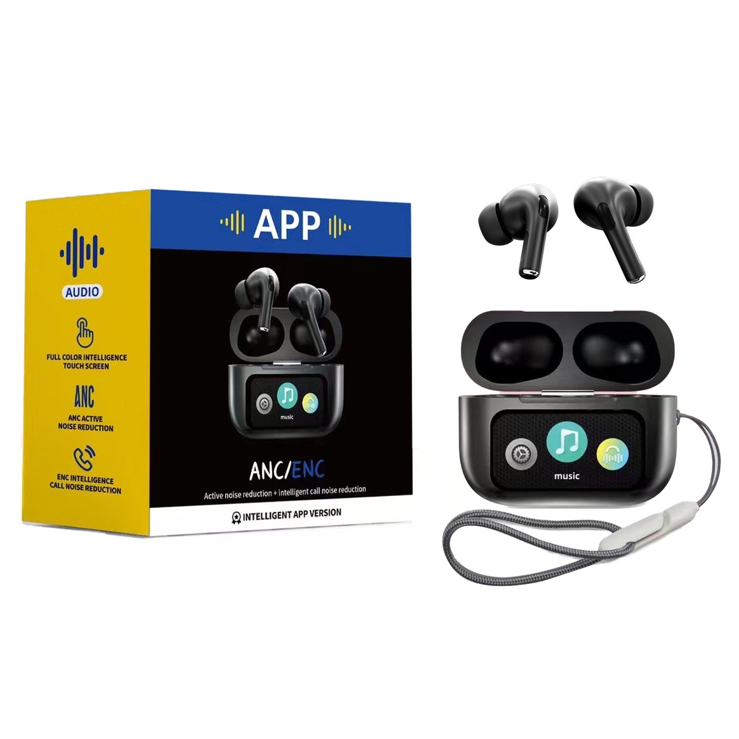 A9 PRO APP ANC/ENC DISPLAY TOUCH CONTROL BT 5.4 Wireless EARBUDS WITH ZWSVIBE APP BLACK.