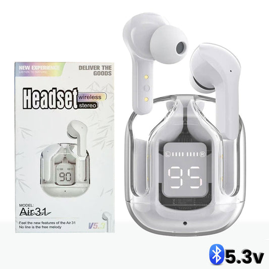 AIR 31 TWS ORIGINAL WITH BIG PACKING TRANSPARENT EARBUDS BLUETOOTH 5.3V White.