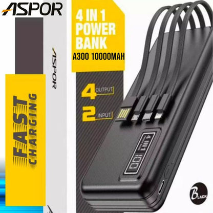 A300 ASPOR A300 POWER BANK ORIGINAL 10000MAH LI-POLYMER BATTERY 4 IN1 POWER BANK BLACK