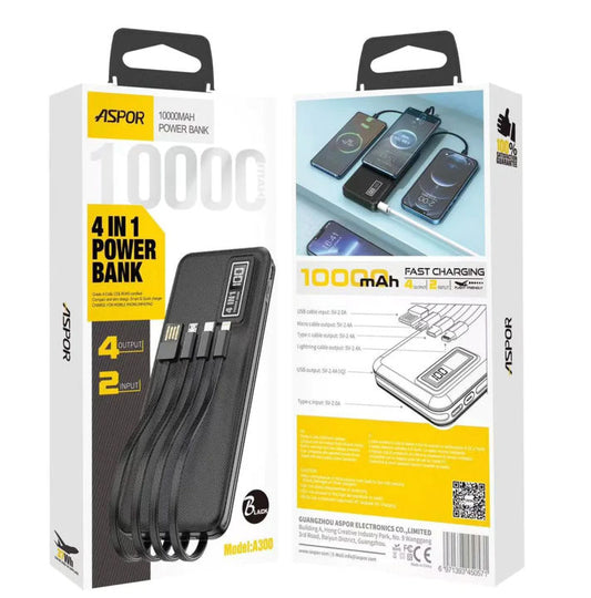 A300 ASPOR A300 POWER BANK ORIGINAL 10000MAH LI-POLYMER BATTERY 4 IN1 POWER BANK BLACK