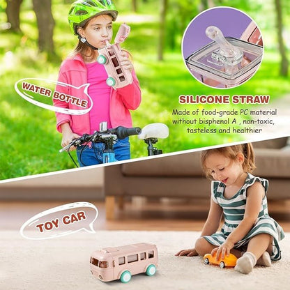 Bus Shaped Water Bottle For Kids With Straw 500ML Bus Shape Toy Car Water Bottle Bus Water Bottle for Kids