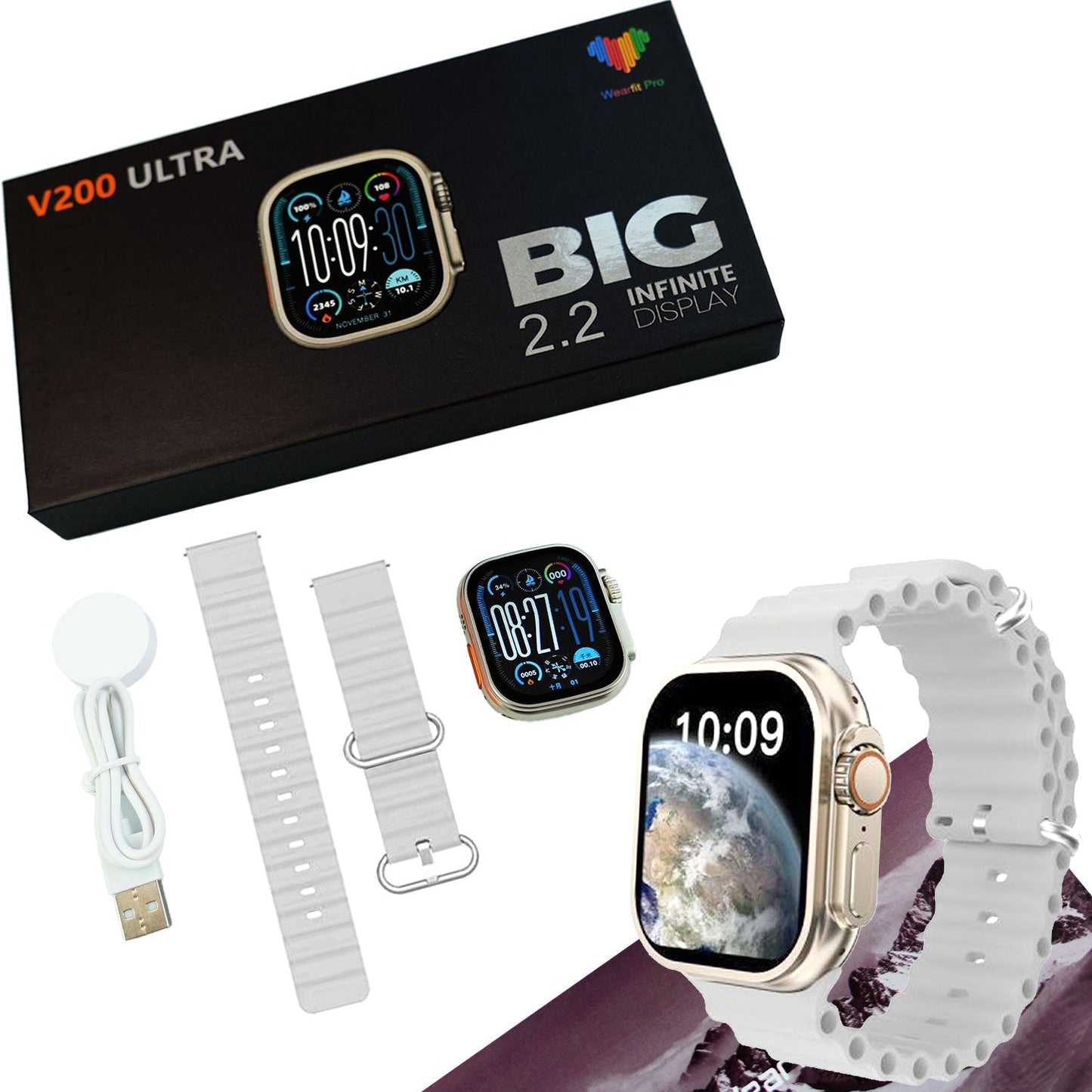 V200 NEW FASHION ULTRA 2.2 LARGE SCREEN IP68 WATERPROOF SPORT SMART WATCH WITH WearFit pro APP GREY.