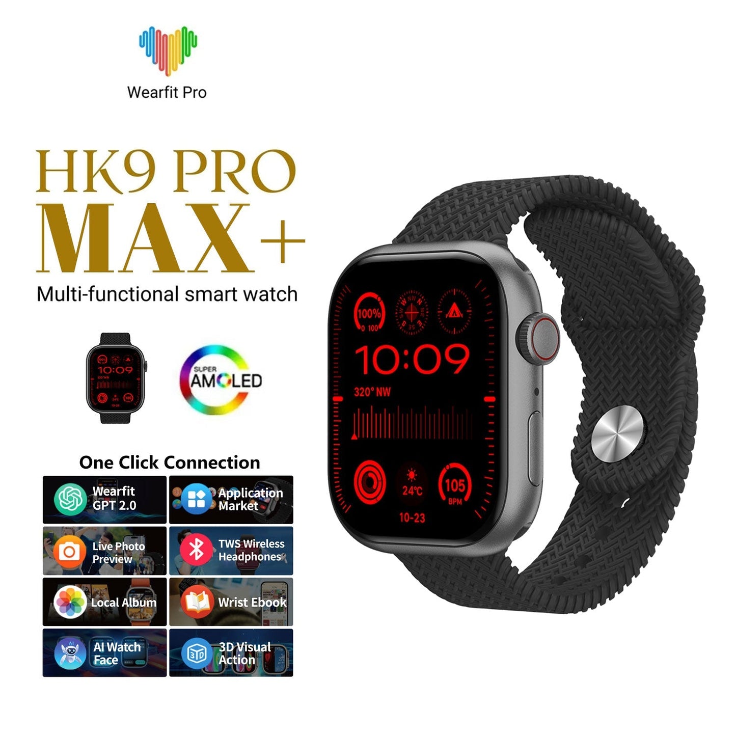 HK9 PRO MAX+ SMARTWATCH 2.02 AMOLED SCREEN SUPPORT LOCAL MUSIC TWS CONNECTION WITH Wearfit Pro APP BLACK.