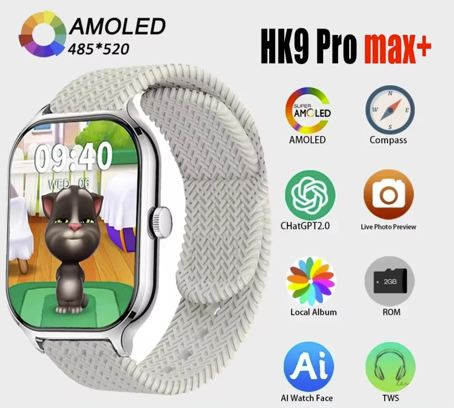 Hk9 Pro Max+ Smartwatch 2.02 Amoled Screen Support Local Music Tws Connection With Wearfit Pro App White.