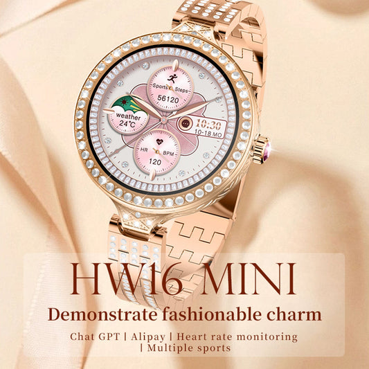 HW16 MINI LUXURY WOMEN ROSE GOLD SMART WATCH 1.35 INCH BT CALL WITH WEARFIT PRO APP.