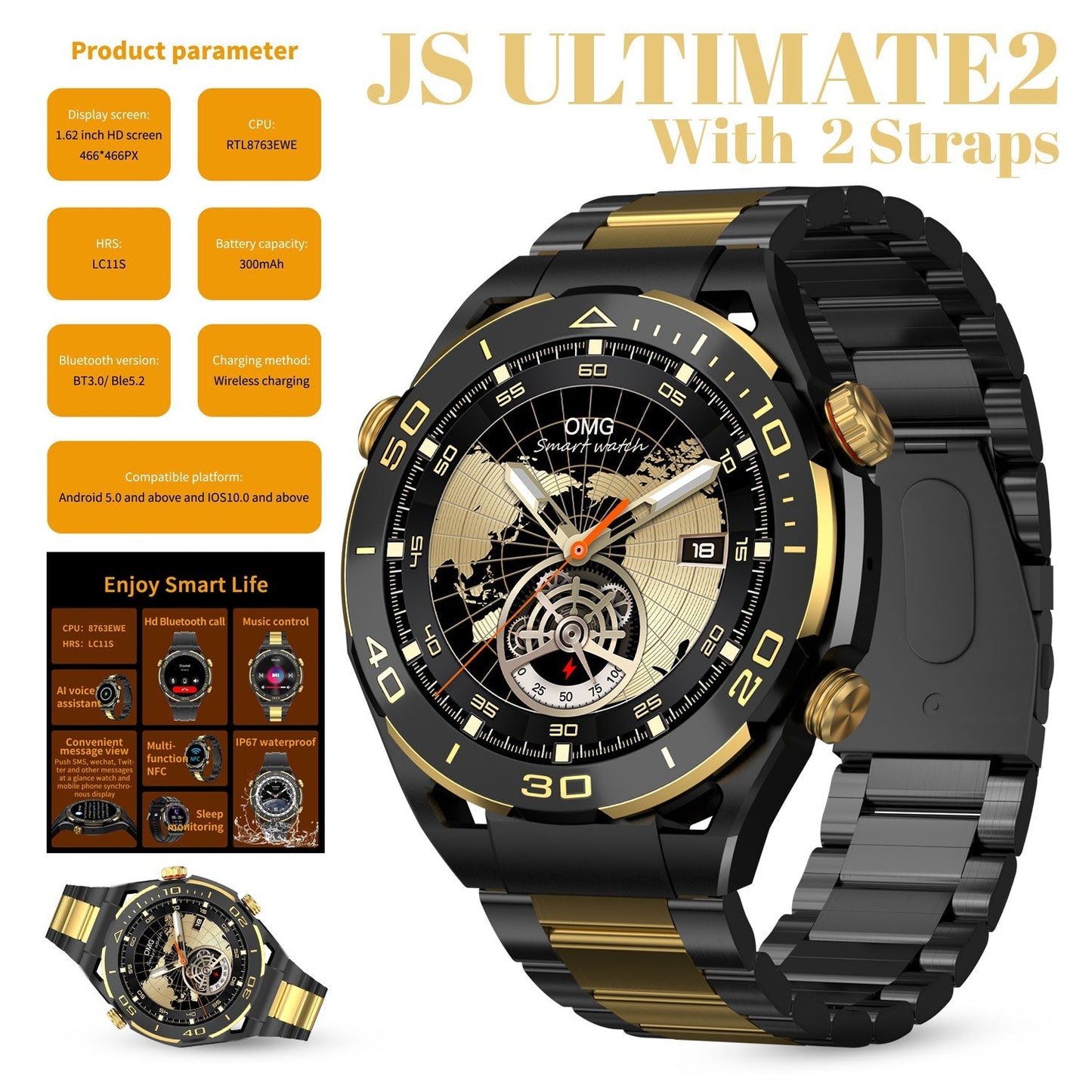 JS ULTIMATE2 1.53 INCH BT CALL SMART WATCH RDFIT APP WITH 2 STRAPS (SILICONE STRAP/STEEL BELT) GOLD STYLE.