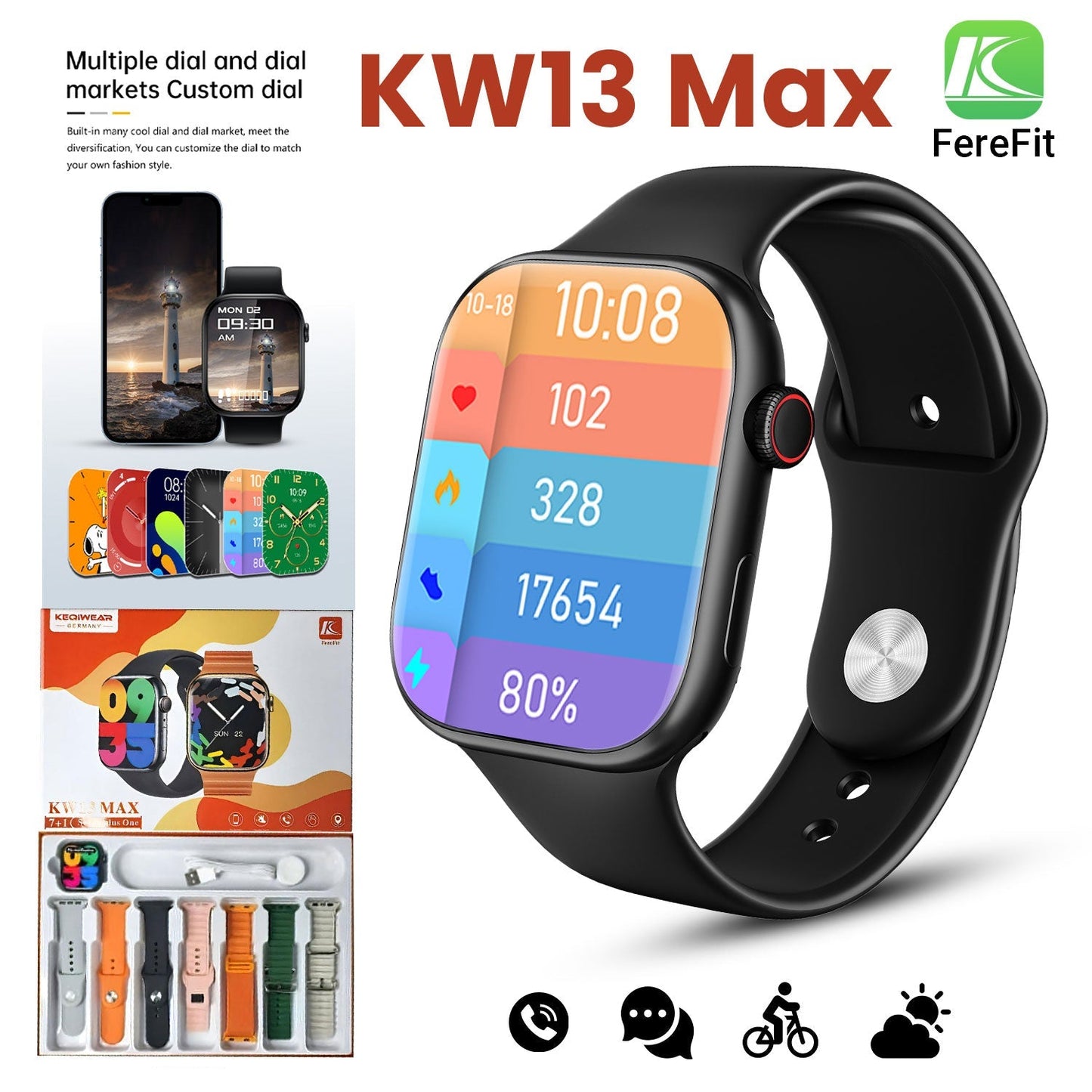 KW13 MAX 2.2 INCH FULL TOUCH SCREEN 7 STRAPS BT CALLING COMPATIBLE SYSTEM ANDROID 5.0 OR IOS9.0 WITH FERE FIT APP.