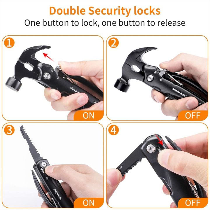 Morpilot Multitool Hammer All in One Tool for Camping Hiking Hunting Survival EDC with Screwdriver Plier Knife Bottle Opener Safety Lock Belt Pouch