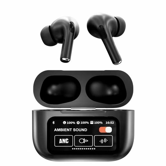 BLACK NEW A9 PRO APPLE AIRPODS ANC/ENC ZHONGKELQNXUN TOUCH CONTROL BT 5.4 EARBUDS.