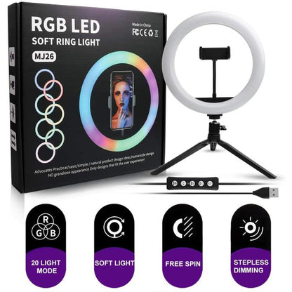 MJ-26 Dark Edge MJ-26 10.2" RGB LED Soft Ring Light, RGB Flash Ring Light for Camera Smartphone YouTube Video Shooting and Makeup Light - Best Light For Tiktok And Youtubers