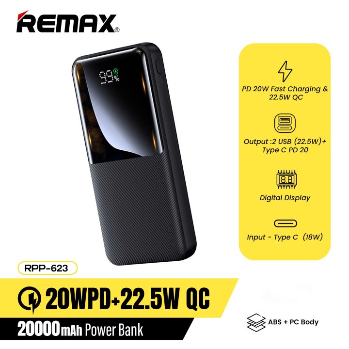 Rpp-623 Remax Rpp-623 Power Bank 20000mah 20w+22.5w Pd+Qc with 3 Output + 1 Input Black