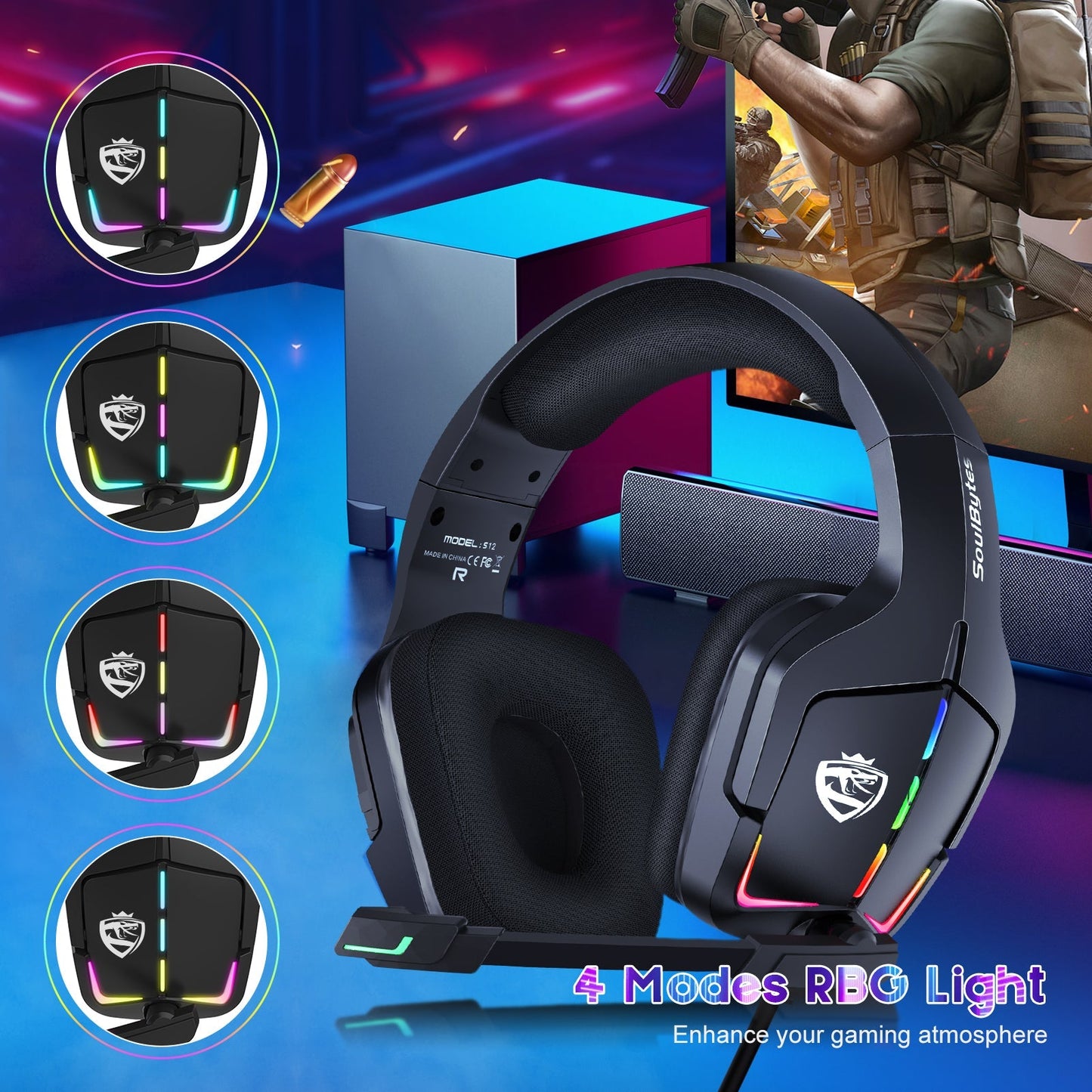 SOULBYTES S12 PS4 PS5 PC XBOX ONE SWITCH WITH MICROPHONE DYNAMIC RGB LED EFFECT 3.5MM WIRED STEREO BASS OVER EAR MIC GAMING HEADPHONES.