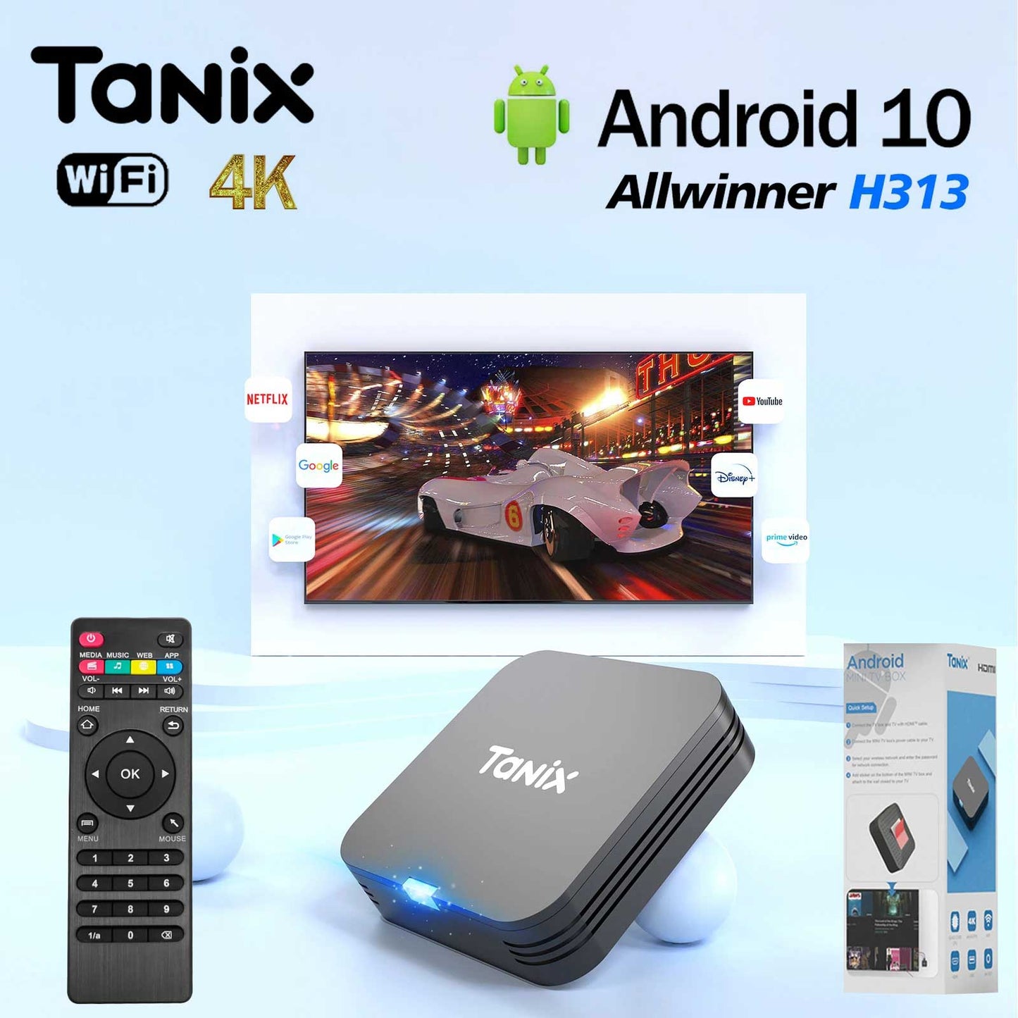 Tanix Super Mini Smart TV Box Android 10.0 Allwinner H313 (2GB+16GB) 2.4G Wi-Fi 4K HD Wall Mountable Design