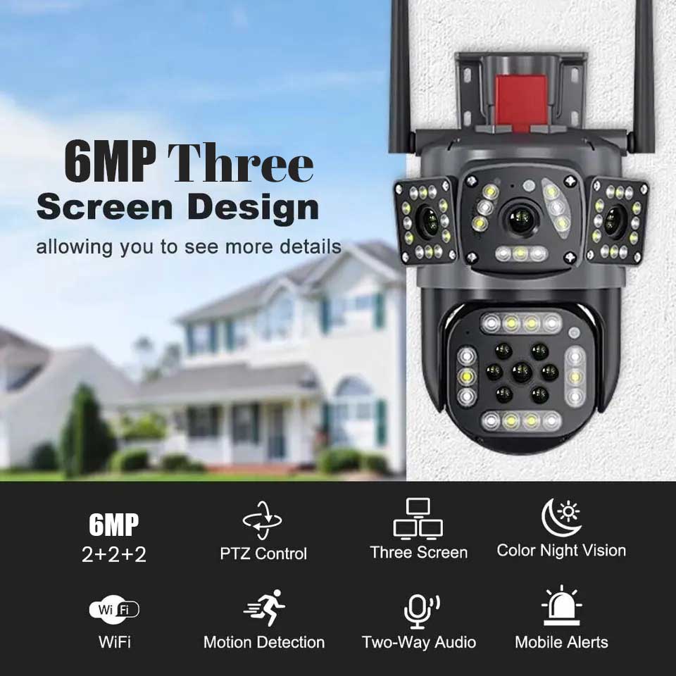 SPEED-X PTZ WIFI OUTDOOR SECURITY 3 CAMERA LENS, 3 SCREEN, COLOR NIGHT VISION AUTO TRACKING, WATERPROOF, (2+2+2) 6MP WITH V380 PRO APP.