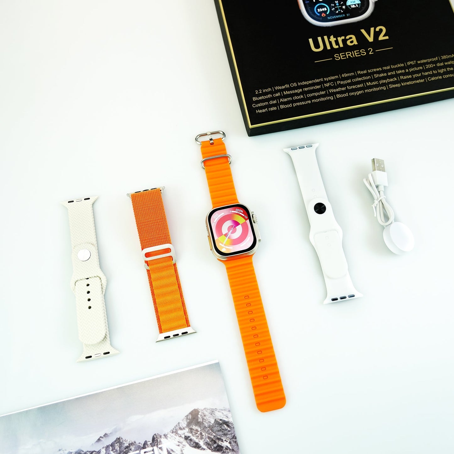 ULTRA V2 NEW FASHION 2.2 LARGE SCREEN WITH 4 STRAPS SMART WATCH WITH WearFit Pro APP ORANGE.