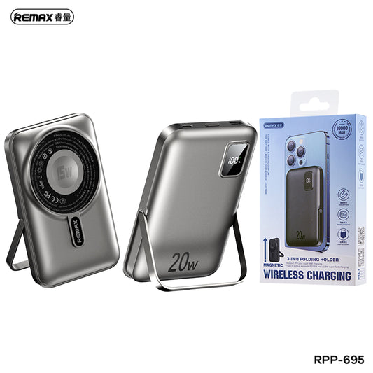 REMAX RPP-695 3 IN 1 (15W M/W) 22.5W + PD 20W POWER BANK WITH FOLDABLE STAND GREY.