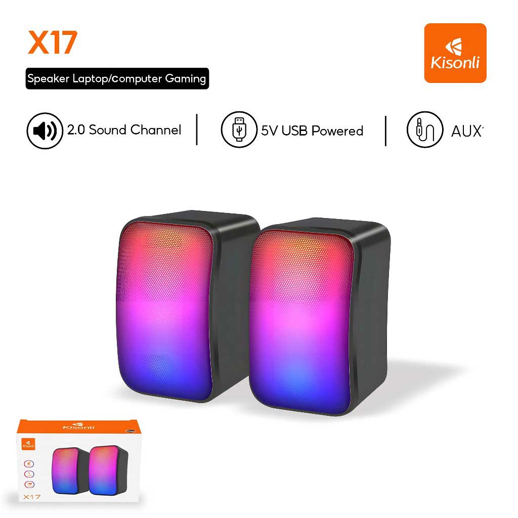 KISONLI X17 SPEAKER GAMING 2.0 RGB LIGHTS WITH VOLUME CONTROL FOR PC OR LAPTOP.